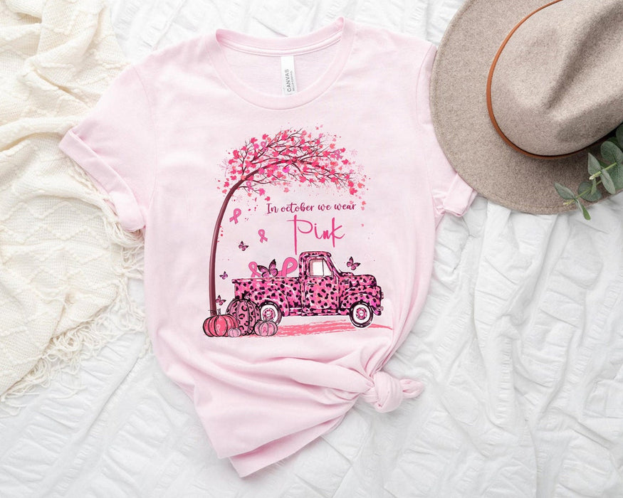 Classic T-Shirt For Women In October We Wear Pink Pumpkin Truck With Maple Tree & Ribbons Printed Leopard Design