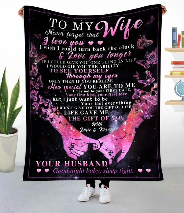 Personalized To My Wife Blanket From Husband Never Forget That I Love You Hand In Hand Design Butterflies Printed