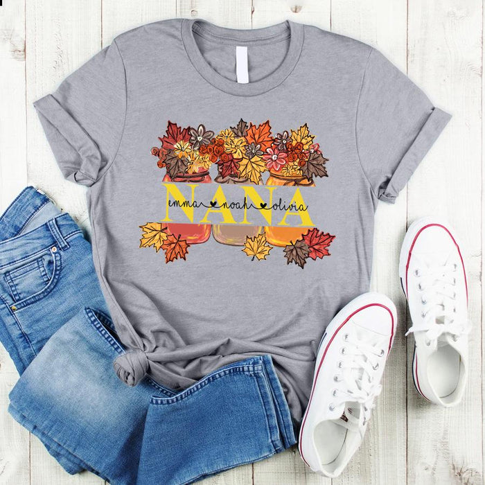 Personalized T-Shirt For Grandma Nana Jar Of Flower And Maple Leaves Printed Custom Grandkids Name Fall Shirt