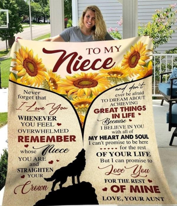 Personalized Fleece Blanket To My Niece Sunflower And Wolf Gift for Birthday Sherpa Fleece Blanket