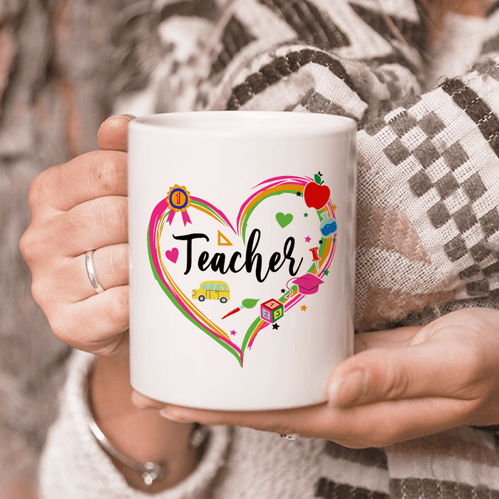 Personalized Coffee Mug For Teacher Heart With School Supplies Custom Name Ceramic White Cup Gifts For Back To School