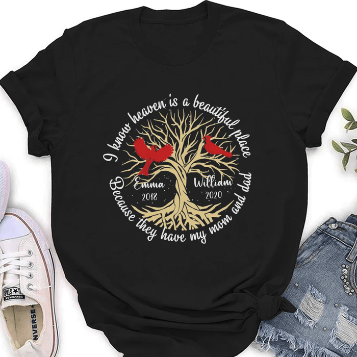 Personalized Memorial T-Shirt For Loss Of Mom And Dad Heaven Has My Mom And Dad Red Birds Custom Name Bereavement Gifts