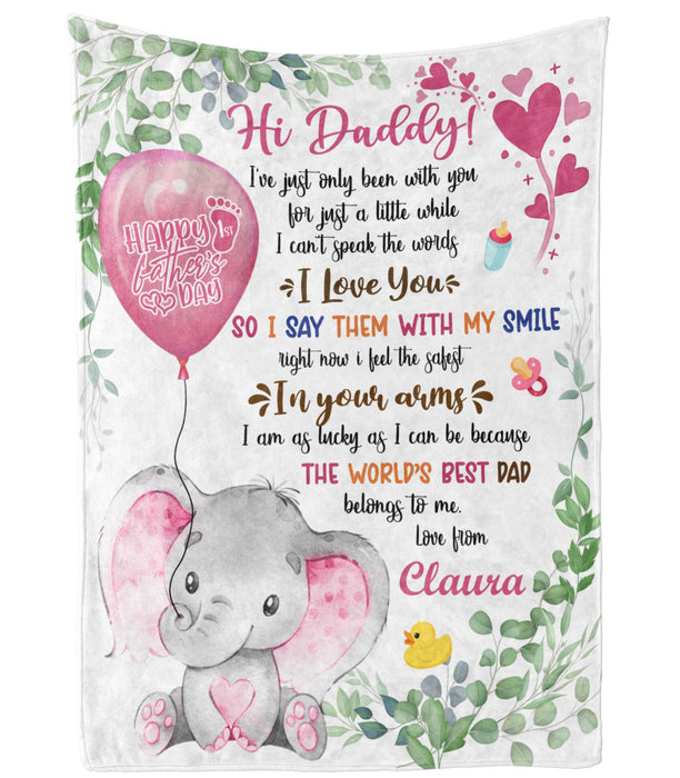 Personalized Blanket To My Dad From Baby Bump Happy First Father's Day Cute Pink Cartoon Baby Elephant Custom Name