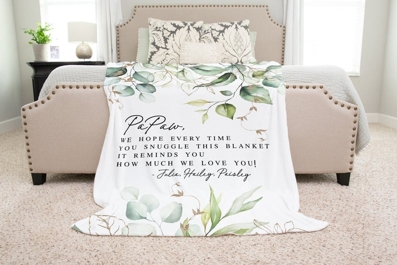 Personalized Fleece Blanket For Grandpa Dad Green Rustic Floral Pattern Design Prints Custom Papaw & Grandkids Name