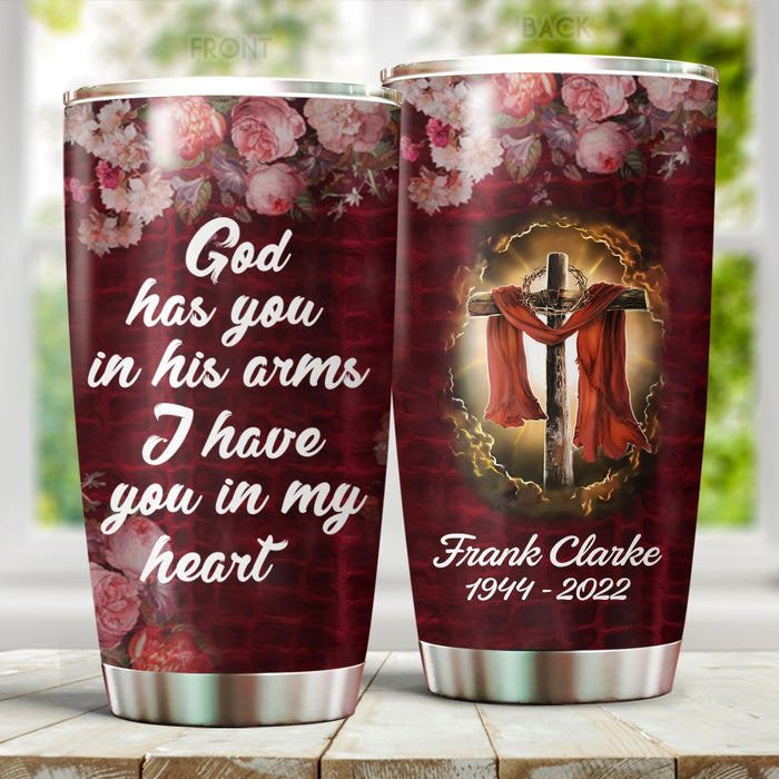 Personalized Memorial Tumbler For Loss Of Loved One I Have You In My Heart Christ Cross Flower Custom Name Travel Cup