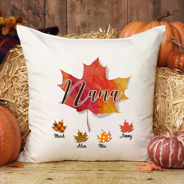 Personalized Square Pillow Gifts For Grandma Nana Fall Maple Leaves Custom Grandkids Name Sofa Cushion For Christmas