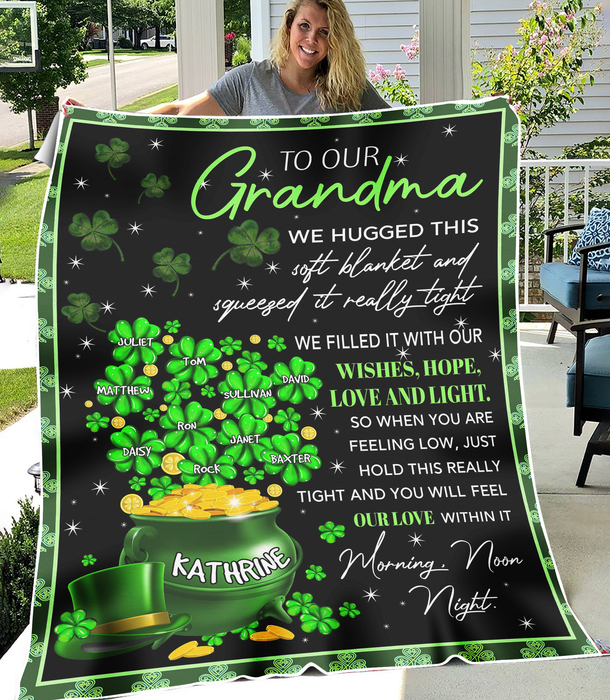 Personalized Fleece Blanket For Grandma For Patricks Day Heart With 4 Leaf Clover Custom Grandkids Name