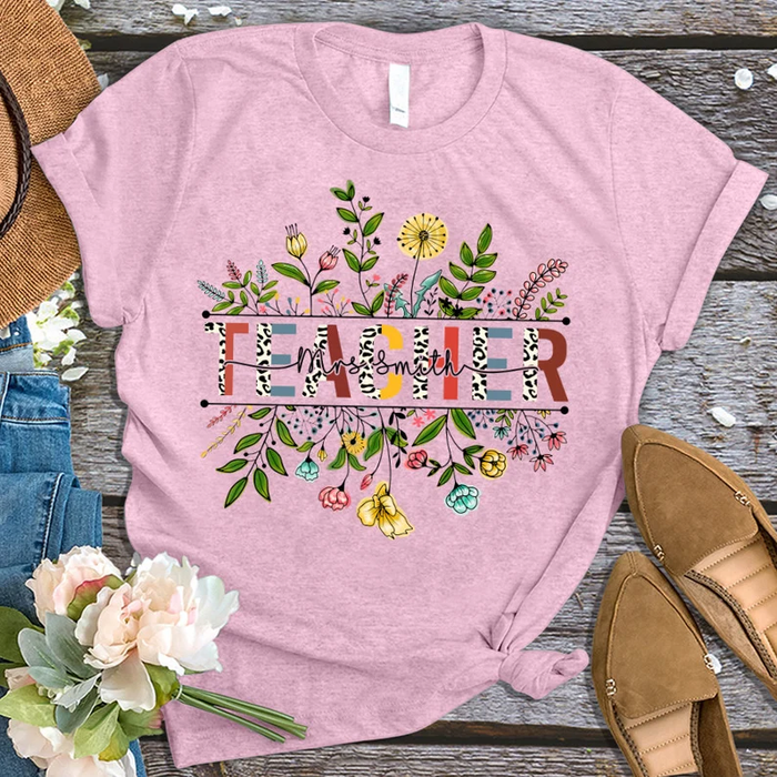 Personalized T-Shirt For Teachers Mrs. Smith Colorful Leopard & Flower Design Custom Name Back To School Outfit