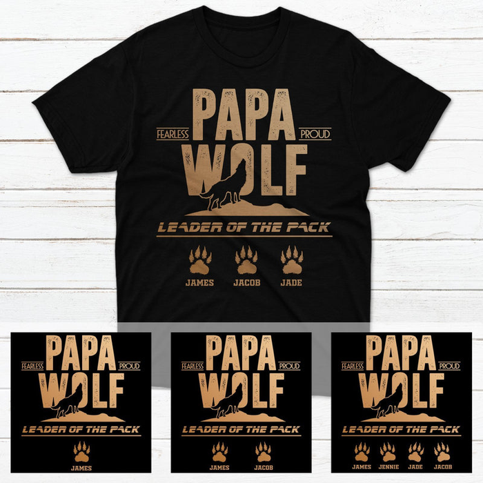 Personalized T-Shirt For Grandpa Papa Wolf Vintage Design With Wolf & Paw Prints Printed Custom Grandkids Name