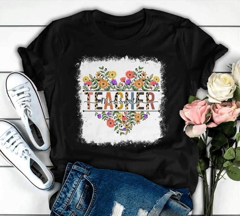 Personalized T-Shirt For Teachers Colorful Leopard & Flower Print Heart Design Custom Name Back To School Outfit