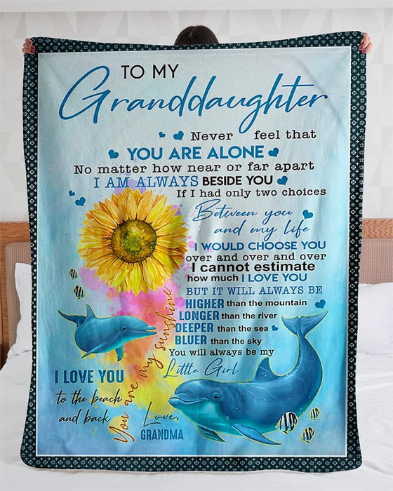 Personalized To My Granddaughter Sunflower Dolphins Sherpa Blanket From Grandma Higher Longer Deeper Bluer Custom Name