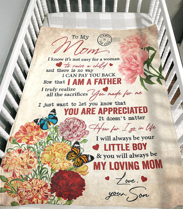 Personalized To My Mom Blanket From Son Flower & Butterfly Printed It'S Not Easy For A Woman To Raise A Child