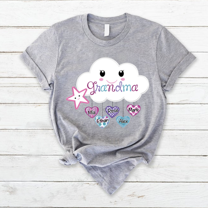 Personalized T-Shirt For Grandma Raining Heart Cloud & Star Printed Custom Grandkids Name Mother'S Day Shirt