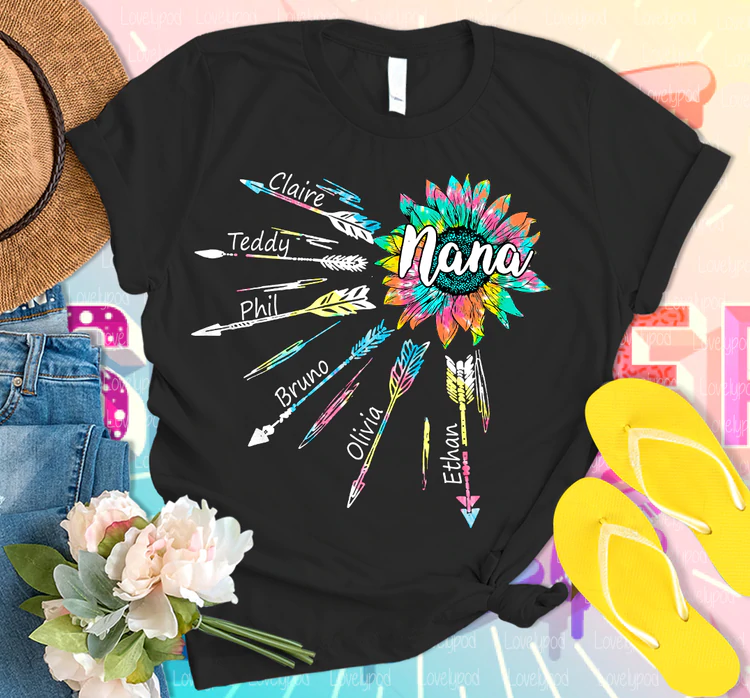 Personalized T-Shirt For Grandma Nana Sunflower And Arrow Printed Tie Dye Design Custom Grandkid's Name