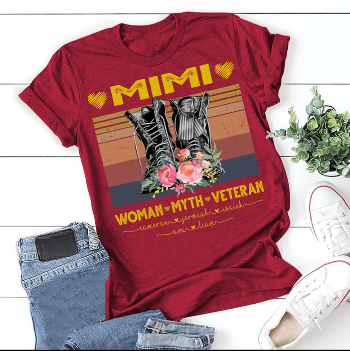 Personalized T-Shirt For Grandma Mimi Woman Myth Veteran Military Combat Boots Printed With Flower Custom Grandkids Name