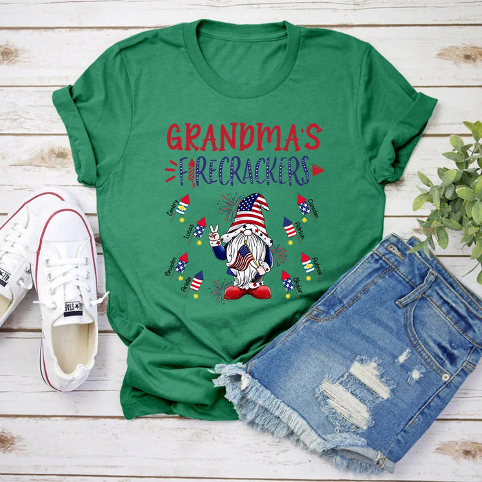Personalized T-Shirt For Grandma Grandma's Firecrackers USA Flag Design Custom Grandkids Name Independence Day Shirt