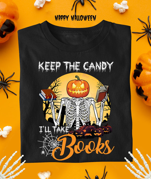 Classic T-Shirt For Reading Lovers Keep The Candy I'll Take The Books Skeleton With Pumpkin Lantern Head Halloween Shirt
