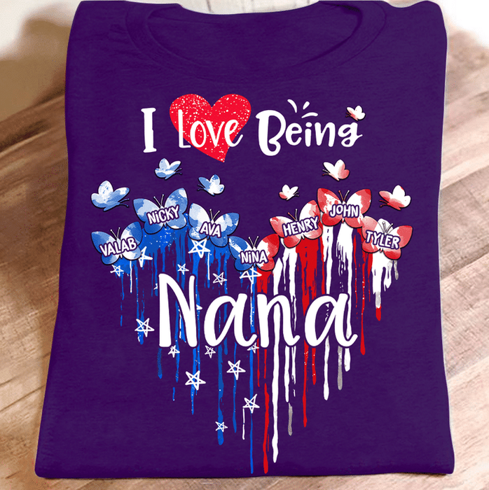 Personalized T-Shirt For Grandma USA Flag Heart Design Butterfly Printed Custom Grandkids Name 4th July Day Shirt