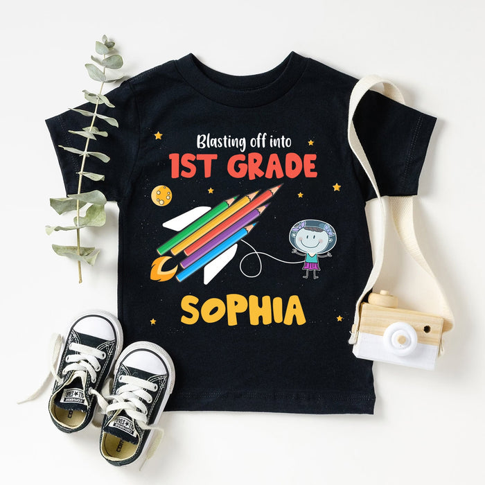Personalized T-Shirt For Kids Blasting Into Pencil Spaceship Design Custom Name & Grade Level Back To School Outfit