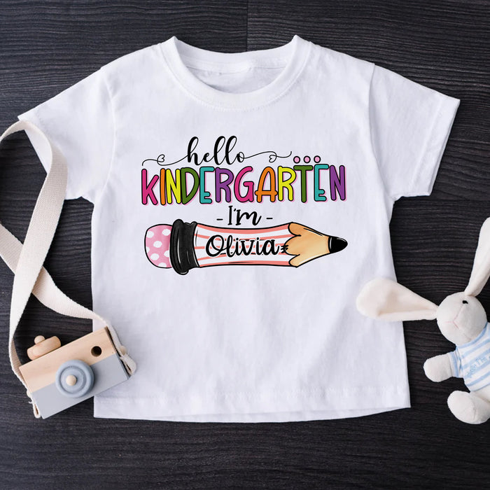 Personalized T-Shirt For Kids Hello Kindergarten Pencil Print Colorful Design Custom Name Back To School Outfit