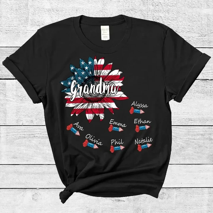 Personalized T-Shirt For Grandma Firecrackers & Sunflower USA Flag Design Custom Grandkids Name 4th July Day Shirt