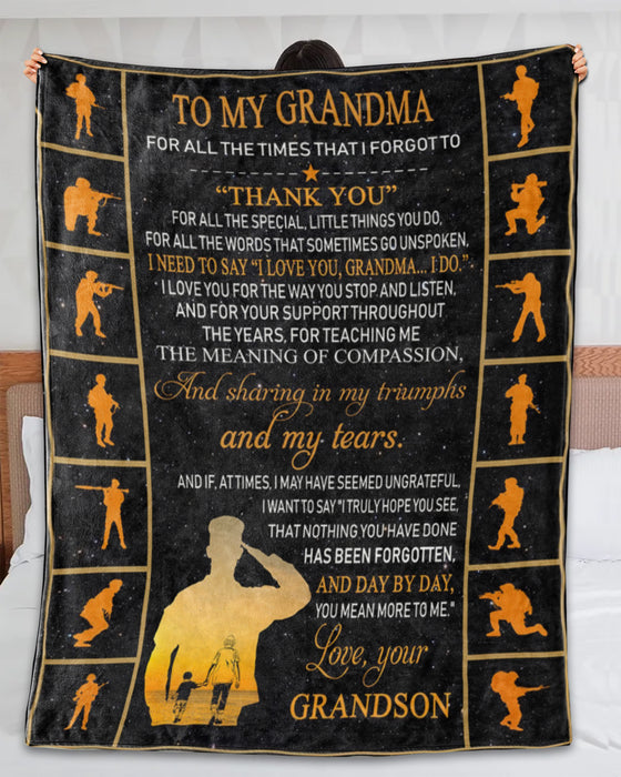 Personalized To My Grandma Blanket From Grandson Soldier For All The Times Custom Name Gifts For Christmas