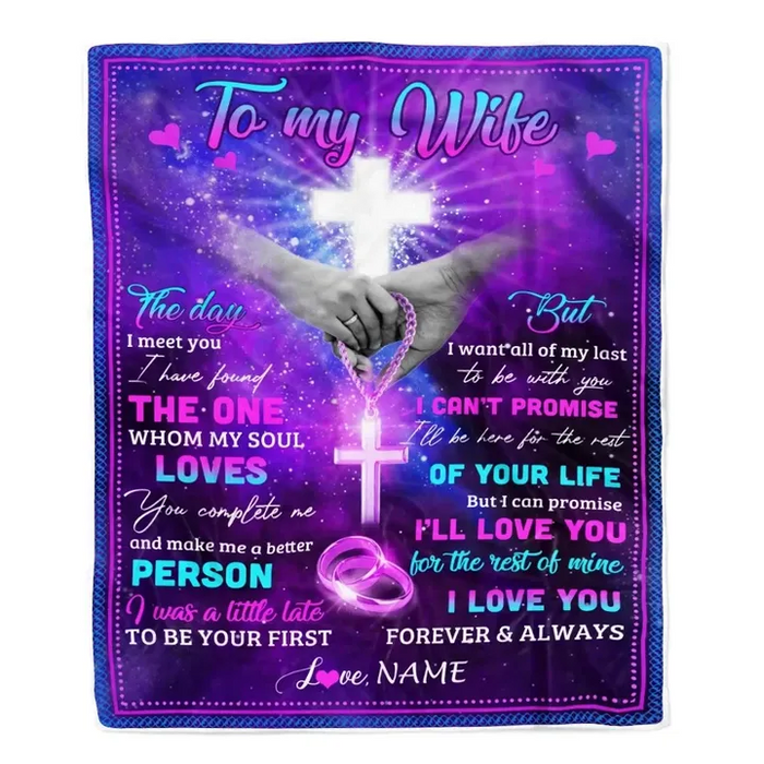 Personalized To My Wife Sherpa Blanket From Husband I Can Promise I Will Love You Hold Hand Before God Cross Printed