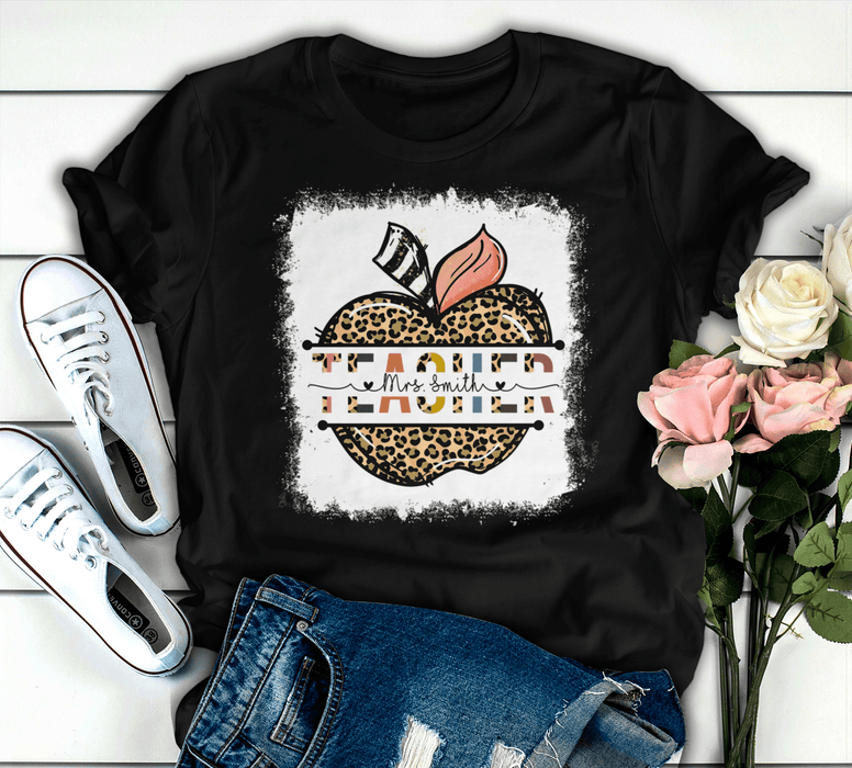 Personalized T-Shirt For Teachers Mrs. Smith Colorful Leopard Apple Design Custom Name Back To School Outfit