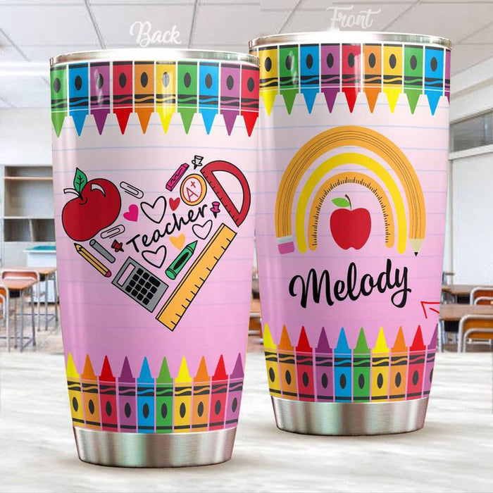 Personalized Tumbler Gifts For Teacher Crayons Boho Rainbow Apple 20oz Travel Cup Custom Name For Back To School