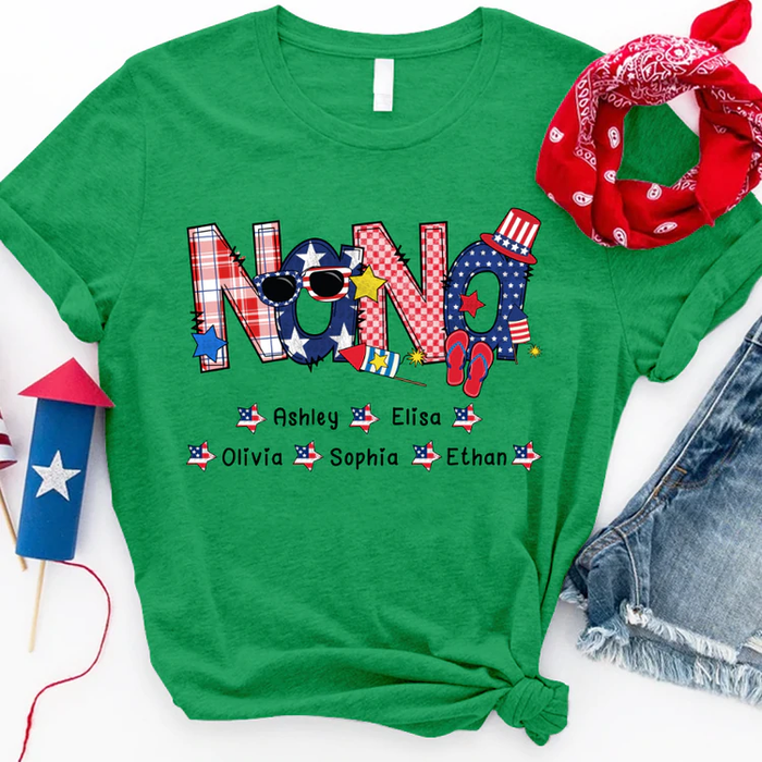 Personalized T-Shirt For Grandma Nana Sunglasses Print USA Flag Design Custom Grandkids Name 4th Of July Shirt