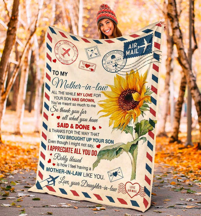 Personalized To My Mother-In-Law Blanket From Daughter-Ịn-Law I Appreciate All You Do Sunflower Printed Letter Blanket