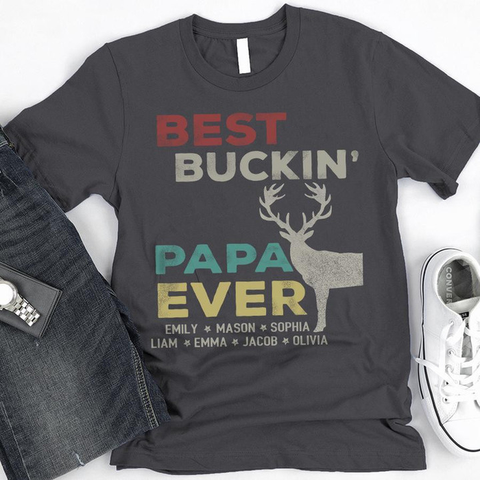 Personalized T-Shirt For Grandpa Best Buckin Papa Deer Print Vintage Design Custom Grandkids Name Father's Day Shirt