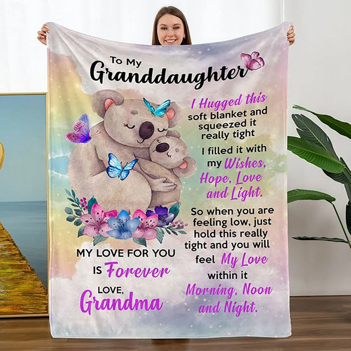 Personalized To My Granddaughter Blanket From Grandma I Hugged This Blanket Print Koala Bear & Flower With Butterfly