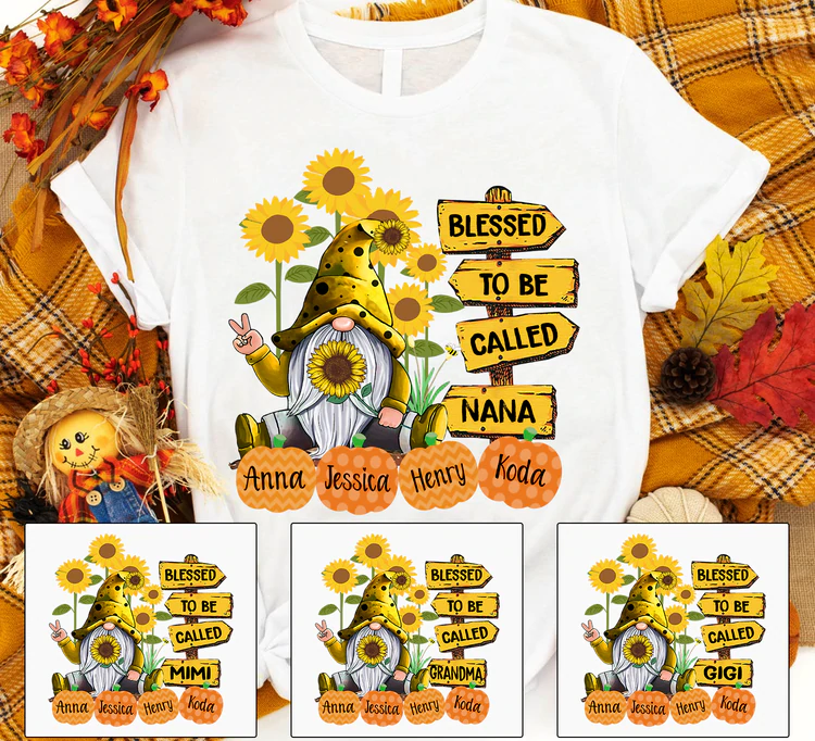 Personalized T-Shirt For Grandma Gnome & Sunflower Design Street Sign Print Custom Grandkid's Name Mother's Day Shirt