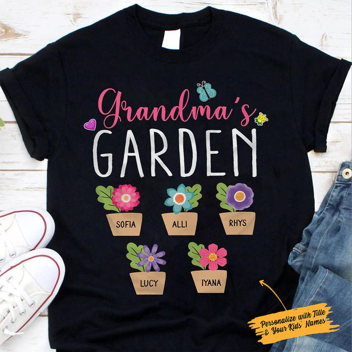 Personalized T-Shirt Grandma's Garden Cute Pot Of Flower With Butterfly & Heart Printed Custom Grandkids Name