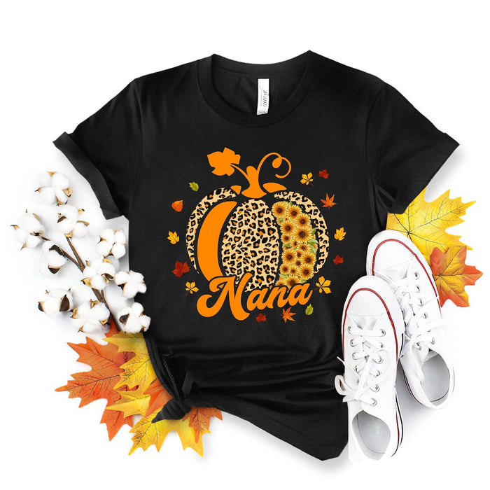 Personalized T-Shirt For Grandma Cute Leopard Sunflower Orange Pumpkin & Maple Leaves Printed Custom Grandma's Nickname