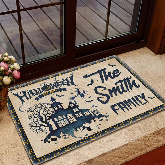 Personalized Welcome Doormat Happy Halloween Castle Pumpkin & Flying Witch Printed Custom Family Name & Year