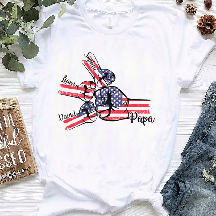 Personalized T-Shirt For Grandpa Papa Fist Bump Vintage USA Flag Style Custom Grandkids Name 4th Of July Shirt