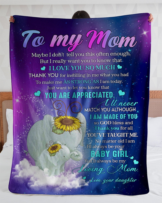 Personalized Blanket To My Mom From Daughter I Love You Old & Baby Elephant Print Galaxy Background Custom Name