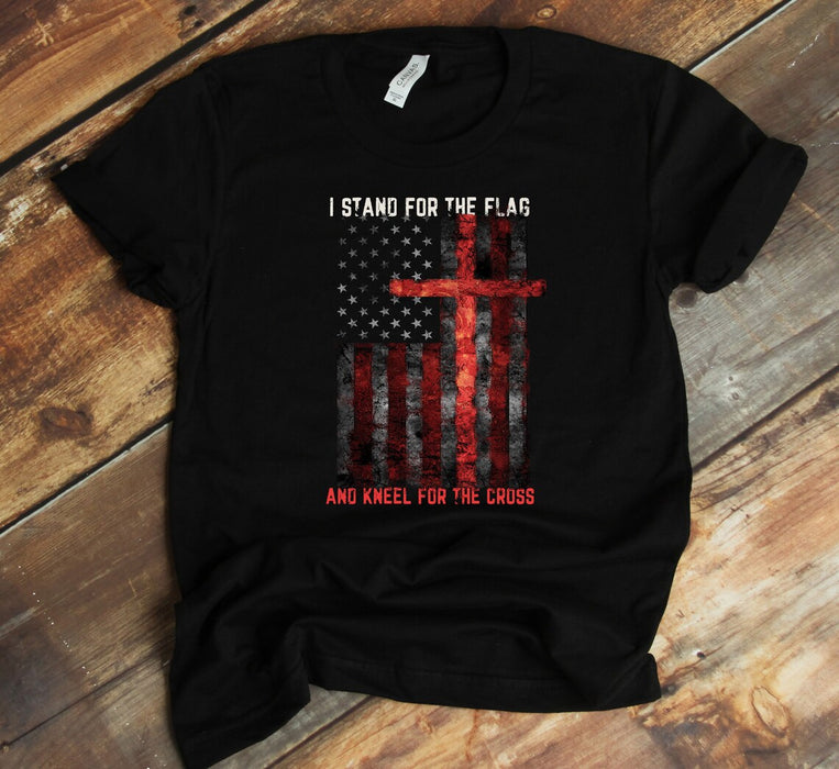 Classic Unisex T-Shirt I Stand For The Flag And Kneel For The Cross American Flag Printed Red White Blue Patriotic Shirt