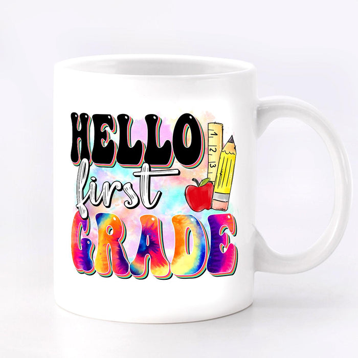 Personalized Ceramic Coffee Mug Hello First Grade Tie Dye Design Custom Grade Level 11 15oz Back To School Cup