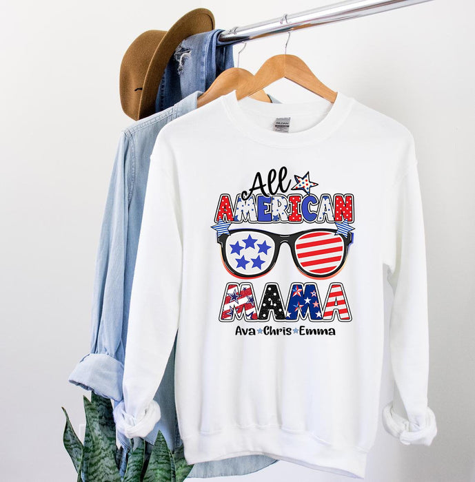 Personalized T-Shirt For Mom Grandma All American Mama Glasses US Flag Art Printed Custom Nickname & Kids Name