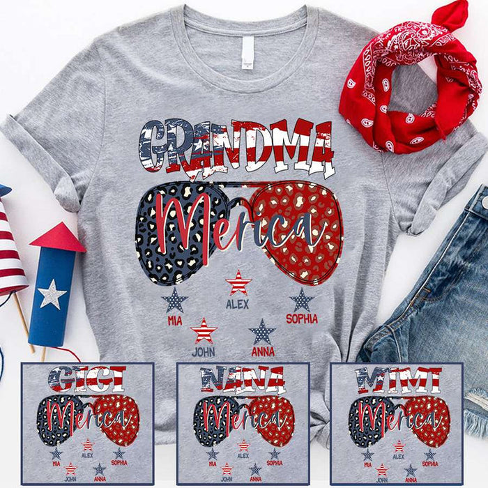 Personalized T-Shirt For Grandma Merica America Flag & Glasses Printed Custom Grandkids Name Independence Day Shirt