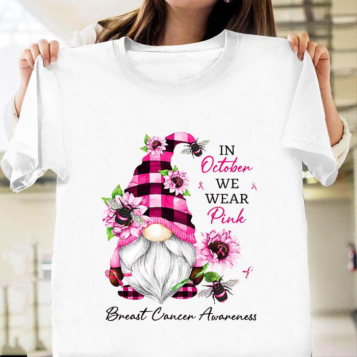 Classic T-Shirt In October We Wear Pink Breast Cancer Awareness Pink Cute Gnome Flowers And Ribbons Printed Shirt