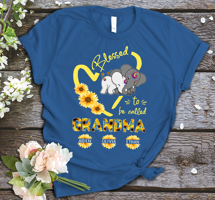 Personalized T-Shirt Blessed To Be Called Grandma Sunflower Heart & Cute Elephant Printed Custom Grandkids Name
