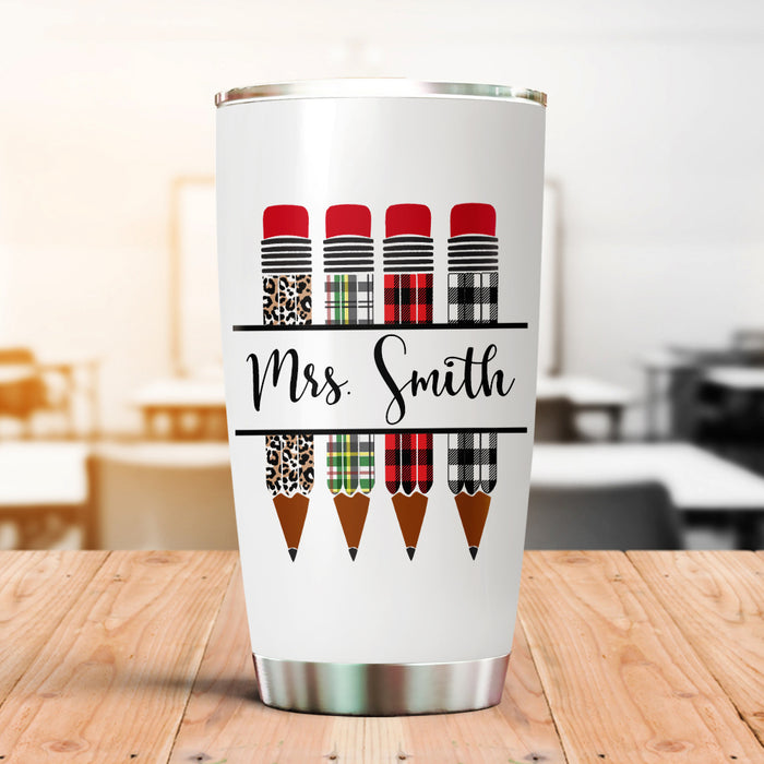 Personalized Tumbler For Teacher Leopard Red Plaid Pencil  20oz Travel Cup Custom Name Gifts For Back To School