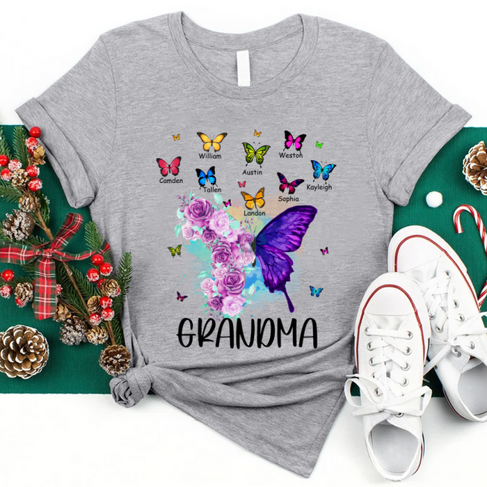 Personalized T-Shirt For Grandma Flower & Colorful Butterfly Printed Custom Grandkids Name Mothers Day Shirt