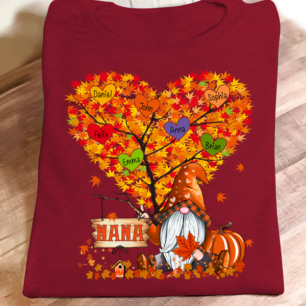 Personalized T-Shirt For Grandma Nana Gnome With Pumpkin And Heart Tree Maple Leaves Printed Plaid Design Fall Shirt