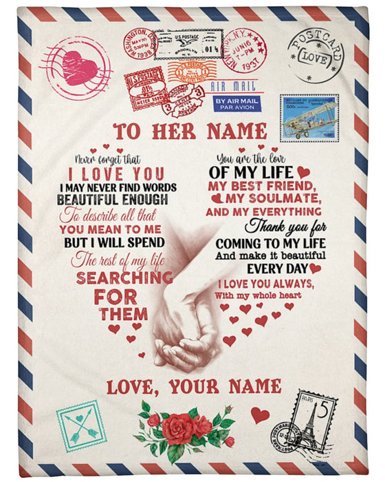 Personalized Letter Blanket To My Wife Girlfriend Hand In Hand Print Love Airmail Blanket For Valentines Custom Name