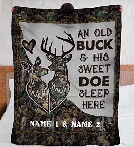 Personalized Deer Couple Fleece Blanket For Hunting Lovers An Old Buck & His Sweet Doe Sleep Here Custom Names